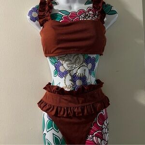 Shein Orange Rust Ruffle Ribbed Two Piece Swimsuit